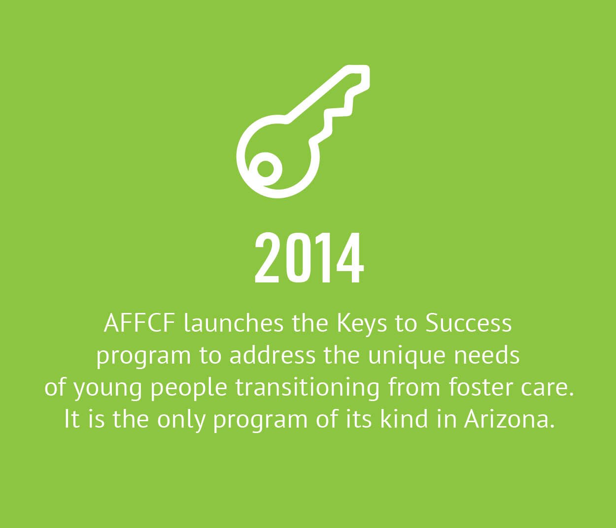 2014 - AFFCF launches the Keys to Success program to address the unique needs of young people transitioning from foster care. It is the only program of its kind in Arizona.